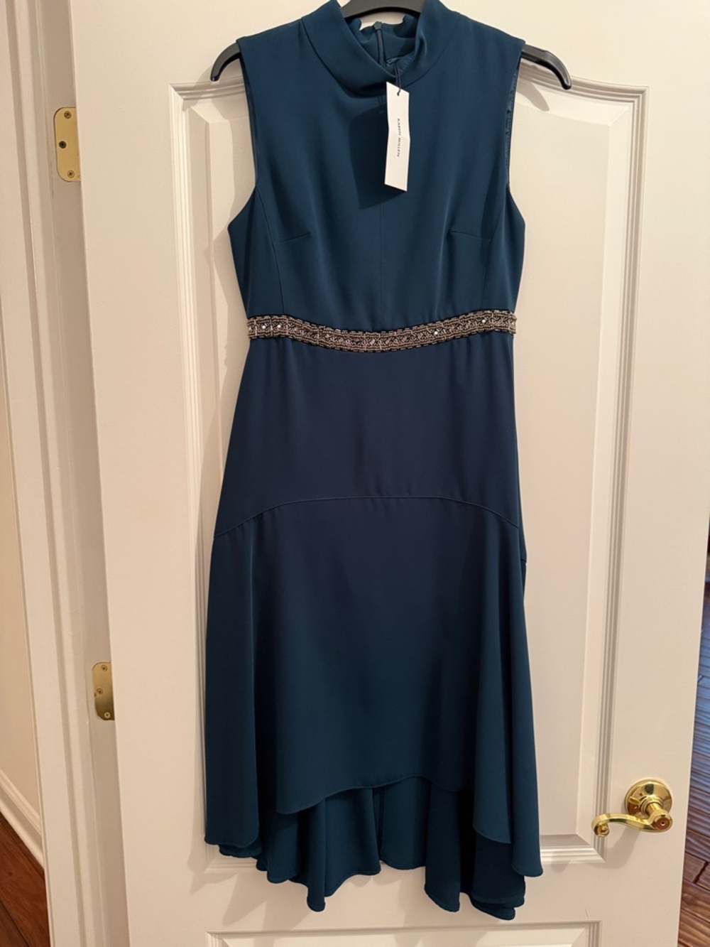 Karen Millen Teal Sleeveless High-Low Dress with Beaded Waistband